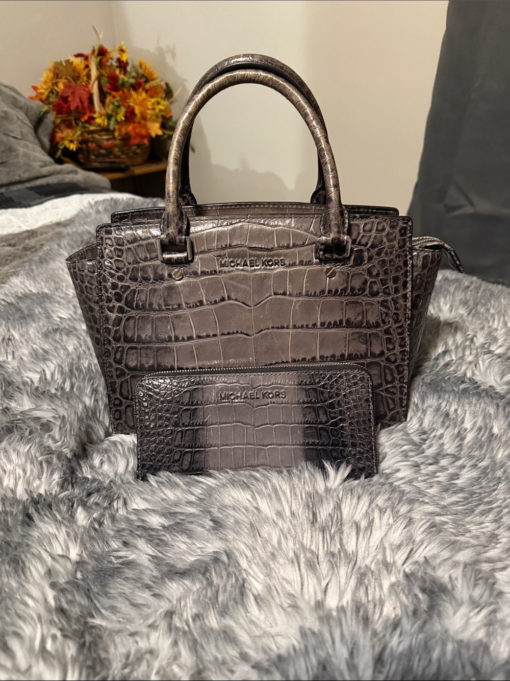 Michael Kors Black Croc-Embossed Satchel with Matching Wallet Set